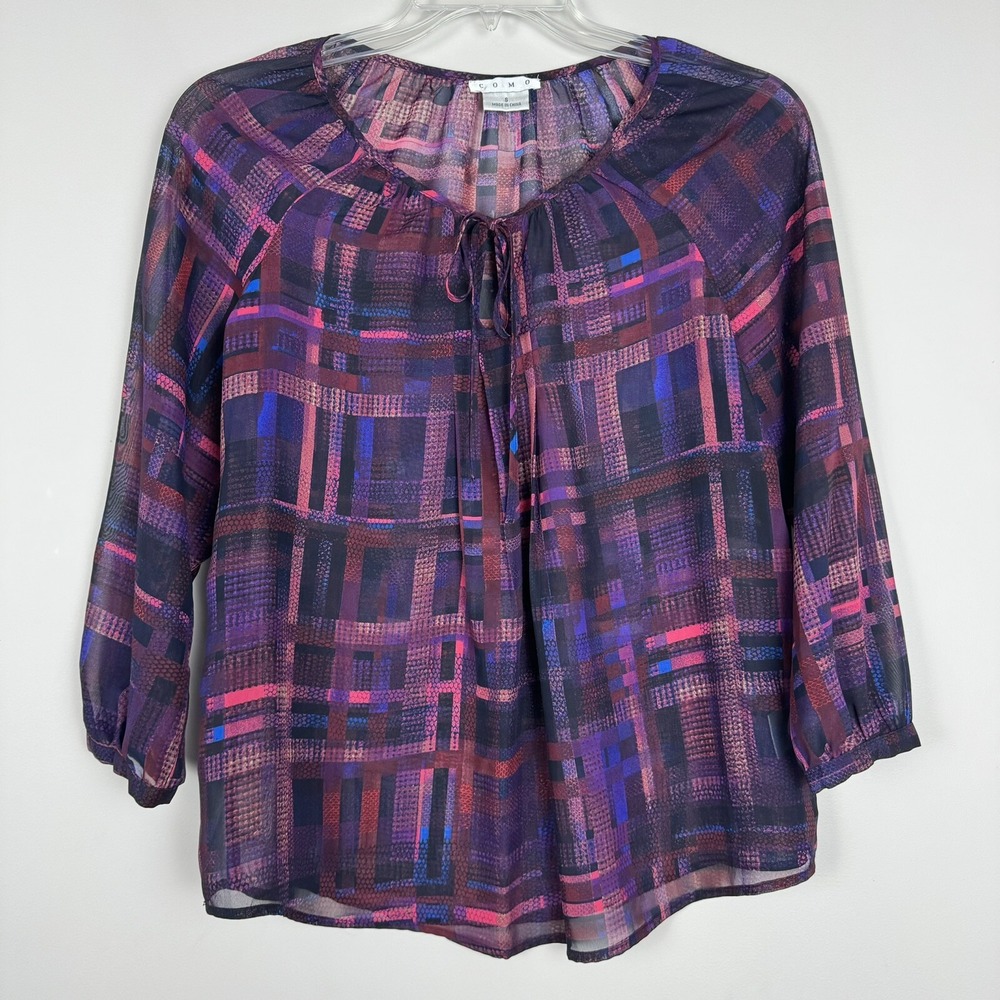 COMO Womens Purple Abstract Plaid Sheer Peasant Blouse Tie Neck 3/4 Sleeve Small